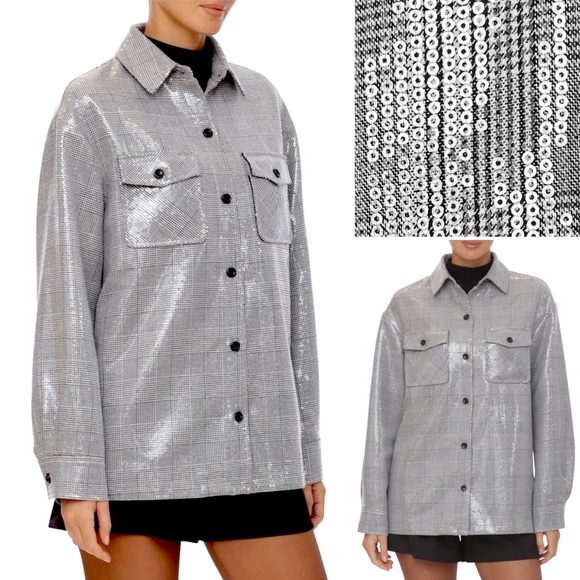 BAGATELLE Avec Les Filles Clear Sequin Shimmer Plaid Jacket Oversize Boxy Fit - Picture 10 of 12